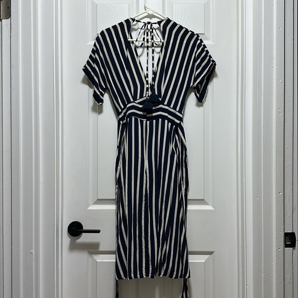 Faithfull the Brand Milan Striped Open Back Pocket Midi Dress Navy White Size 4 - Picture 8 of 9
